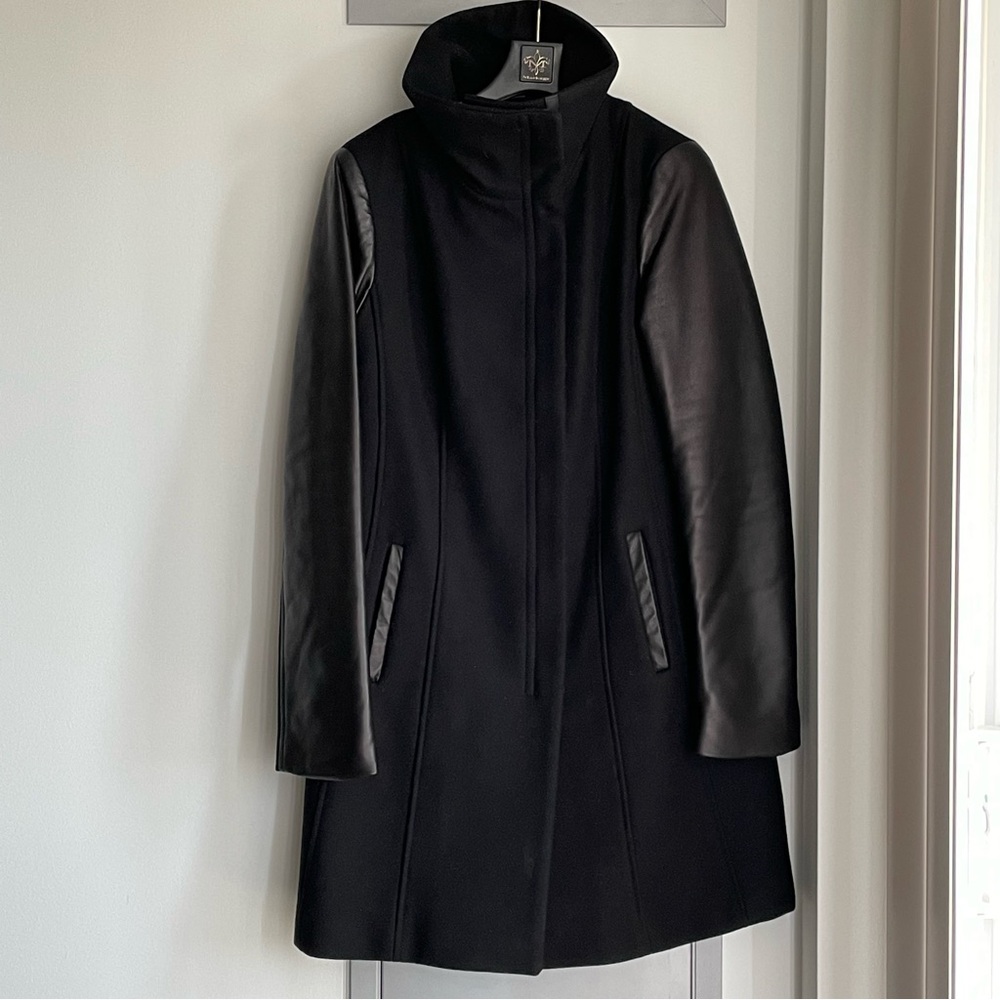 MACKAGE Black Wool & Cashmere Blend Coat w/ Leather Sleeves & Quilted Inside